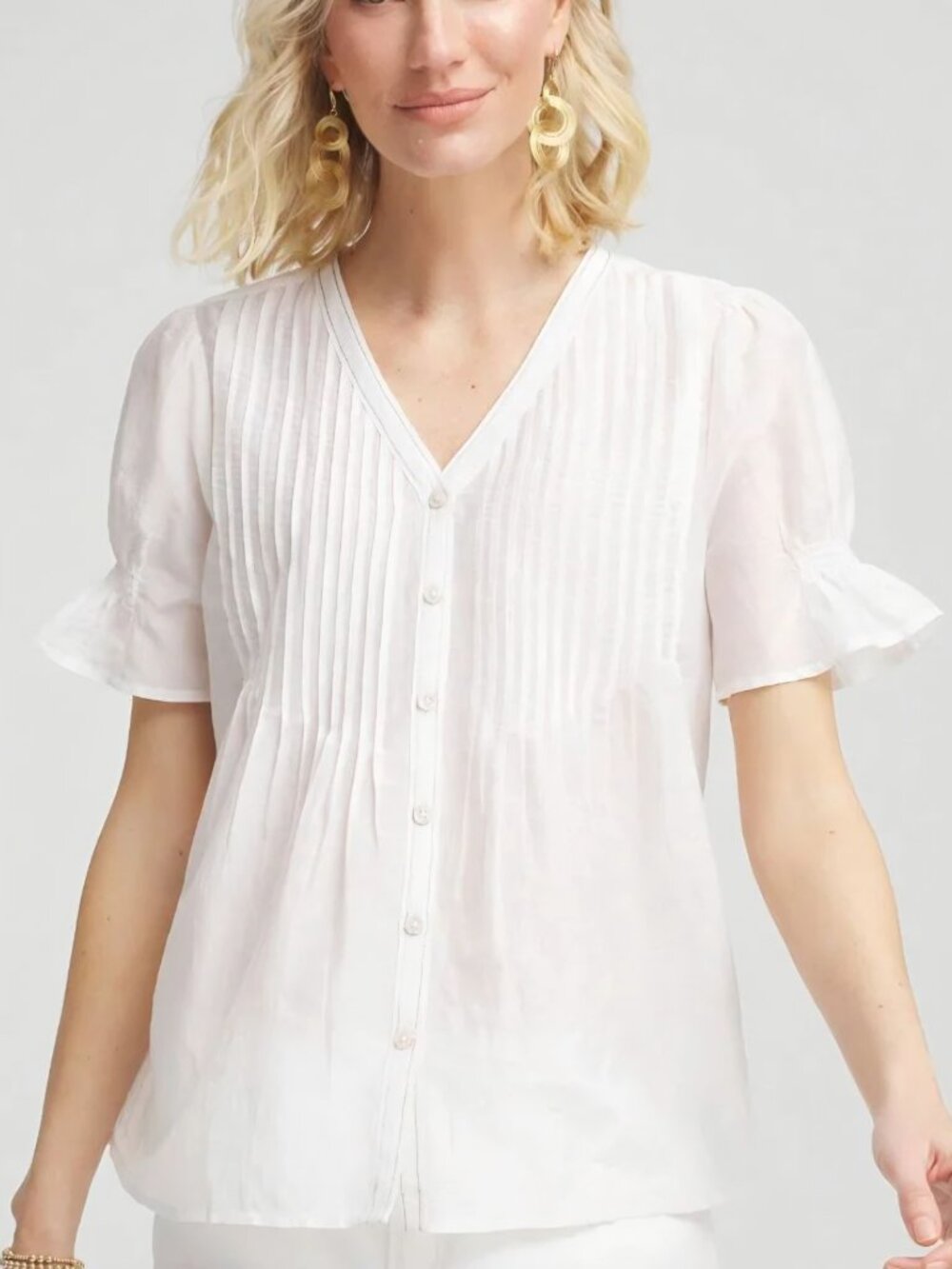 NWT Chico's Size 1/M White Babydoll Blouse Pleated Front Gathered Sleeve Sheer - Picture 3 of 12